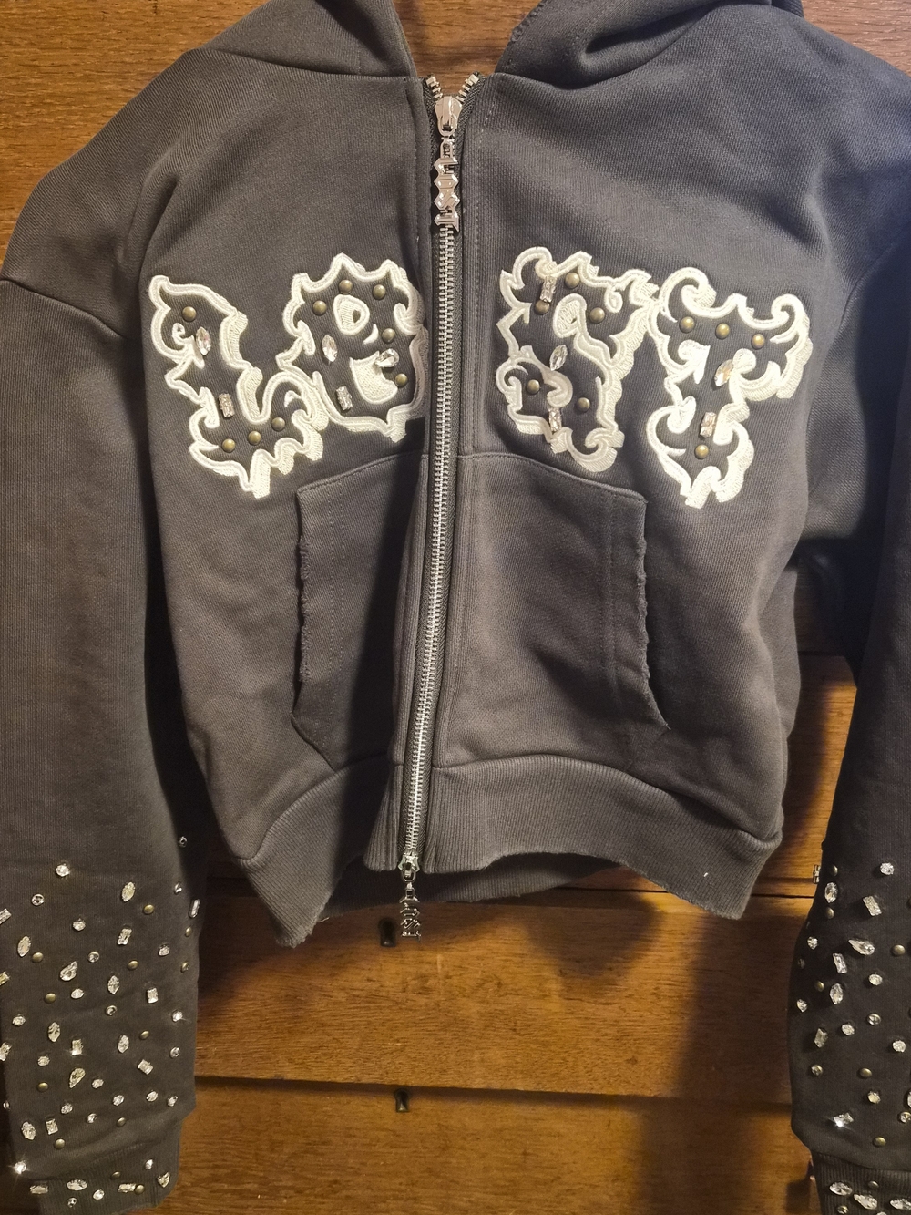 Lost Intricacy Cropped Black Zip-Up Hoodie Jacket with Embroidered Detail